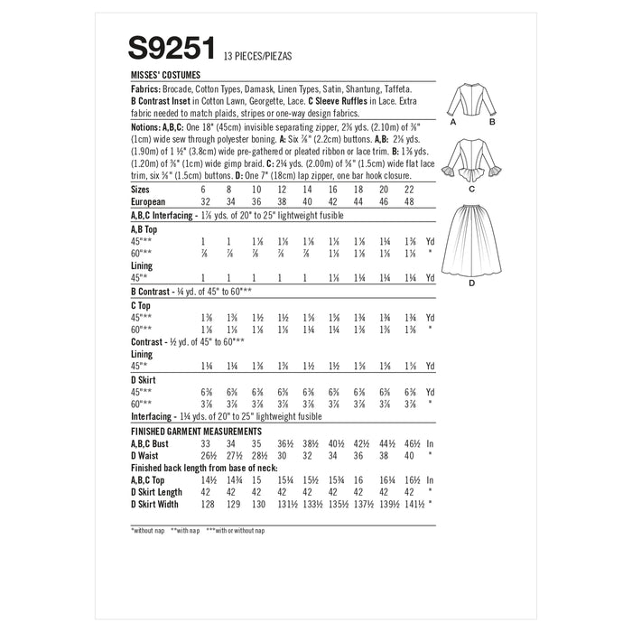 S9251 Misses' Costumes. Size: 32-48