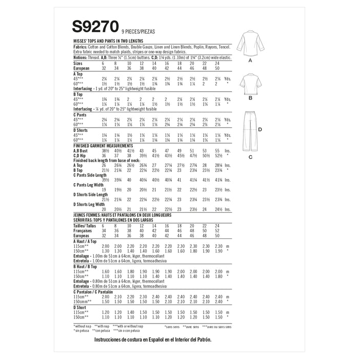 S9270 Misses' Tops & Pants In Two Lengths. Size: 32-50