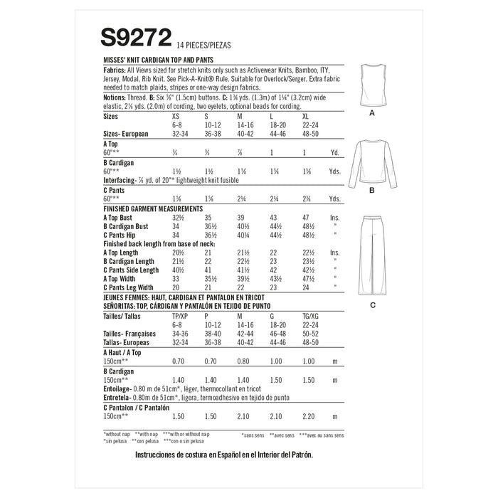 S9272 Misses' Knit Cardigan Top & Pants. Size: XS-XL (32-50)