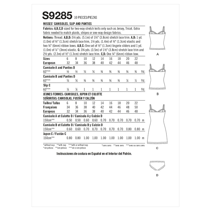 S9285 Misses' Camisoles, Slip & Panties. Size: 32-48