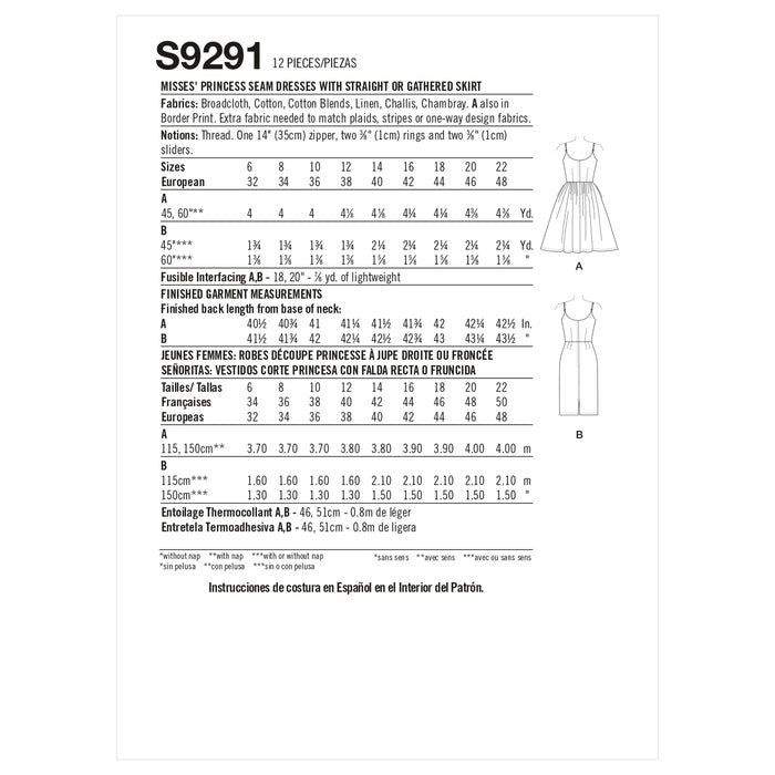 S9291 Misses' Princess Seam Dresses With Straight or Gathered Skirt. Size: 32-48