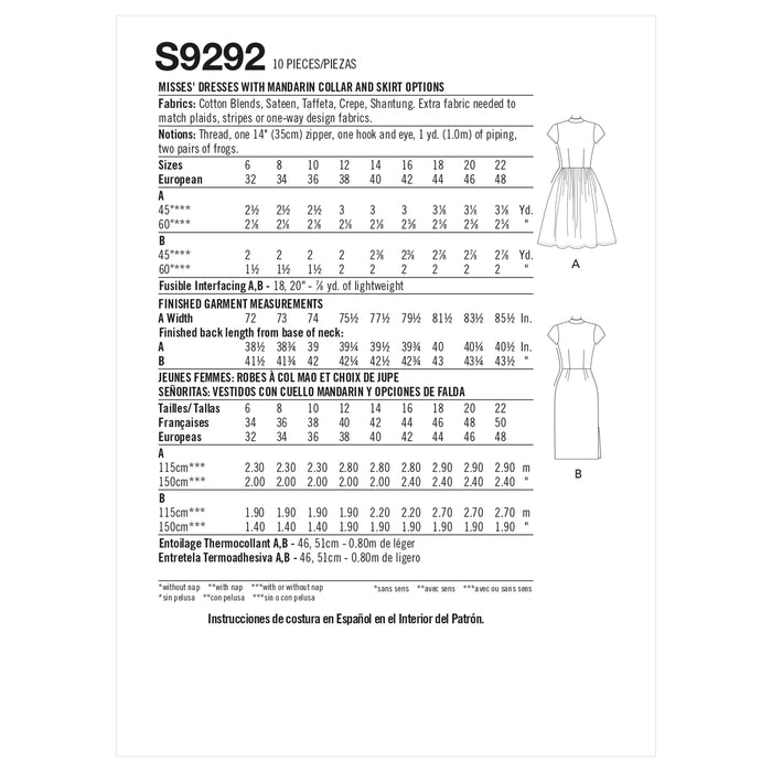 S9292 Misses' Dresses With Mandarin Collar & Skirt Options. Size: 30-48