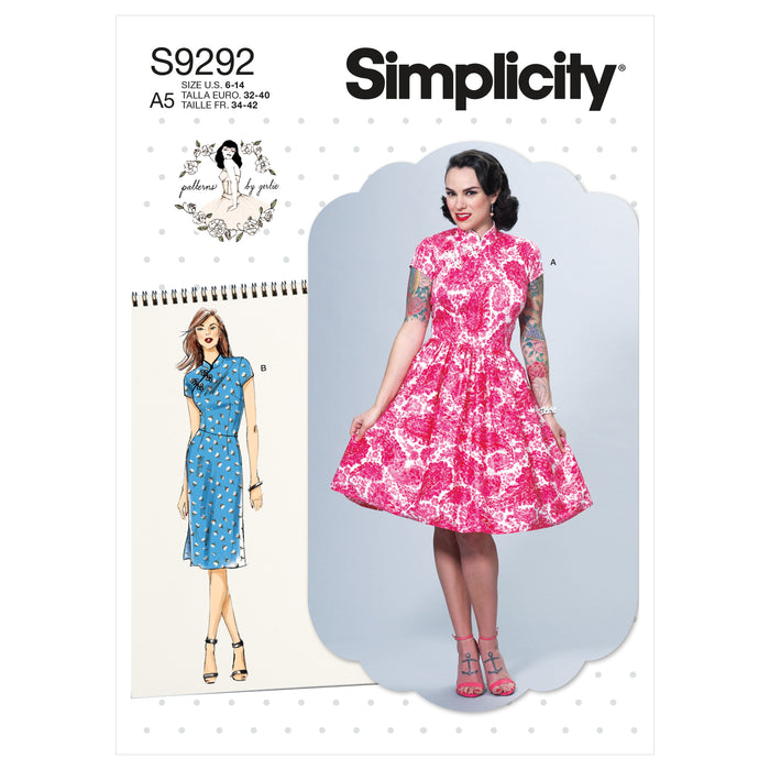 S9292 Misses' Dresses With Mandarin Collar & Skirt Options. Size: 30-48