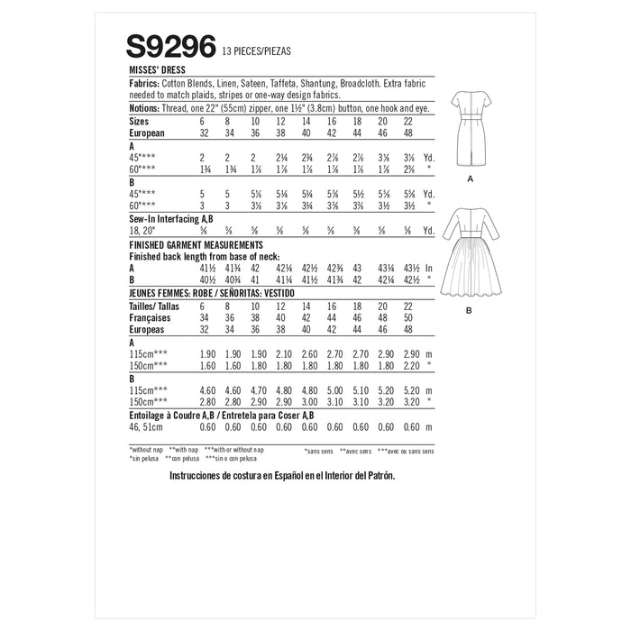 S9296 Misses' Dress. Size: 32-48