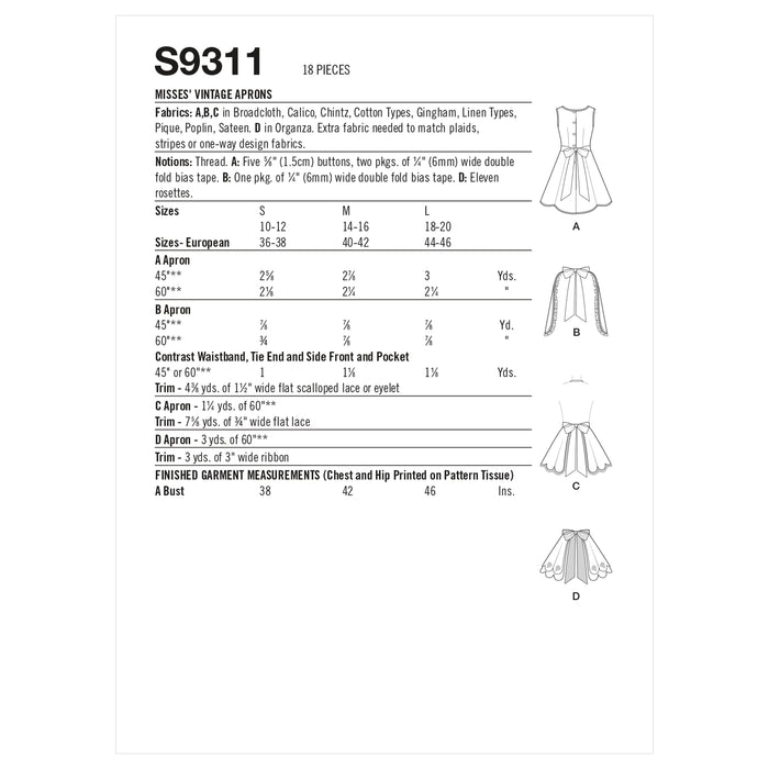 S9311 Misses' Vintage Aprons. Size: S-L (36-46)