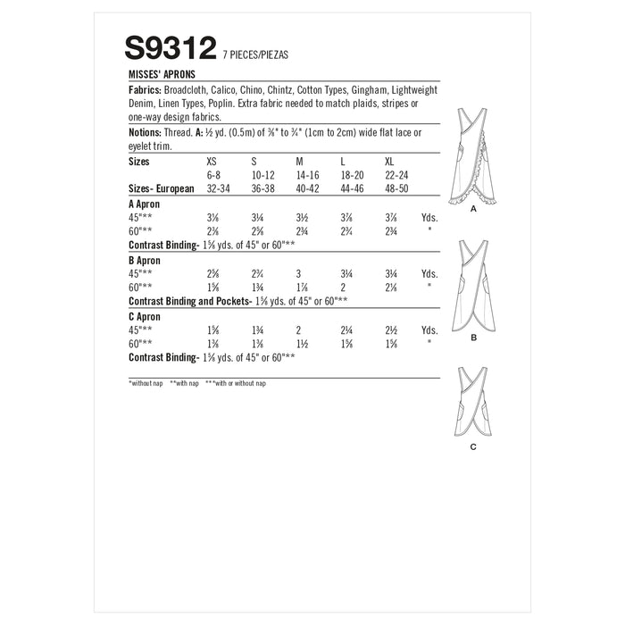 S9312 Misses' Aprons. Size: XS-XL (32-50)
