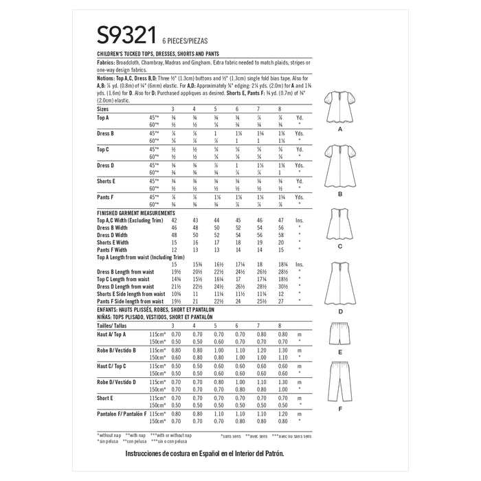 S9321 Children's Tucked Tops, Dresses, Shorts and Pants. Size: 3-8 y