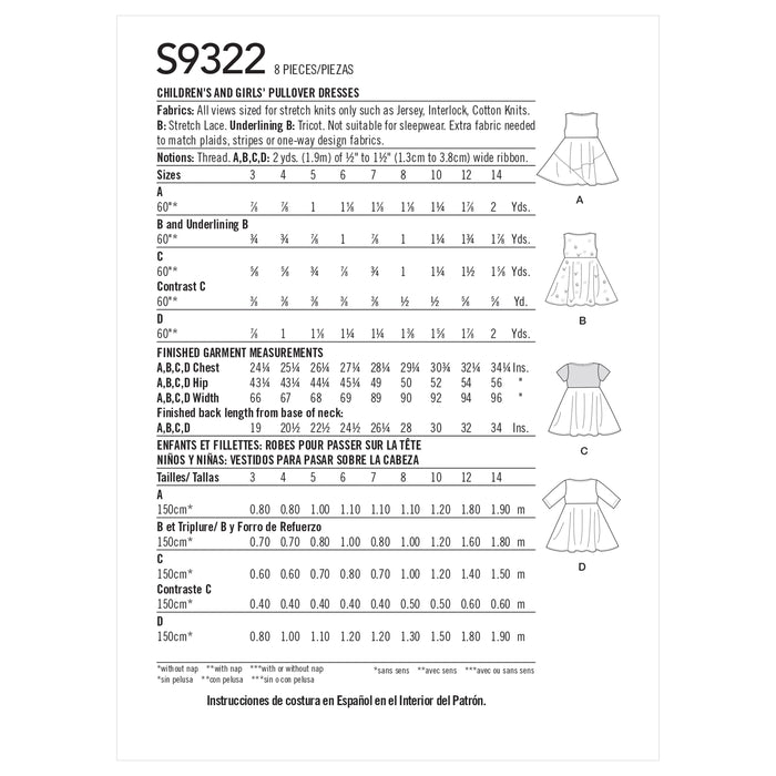 S9322 Children's and Girls' Pullover Dresses. Size: 3-14 y