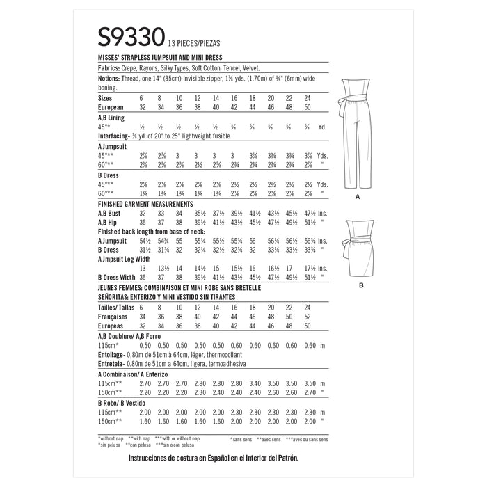S9330 Misses' Strapless Jumpsuit and Mini Dress. Size: 32-50