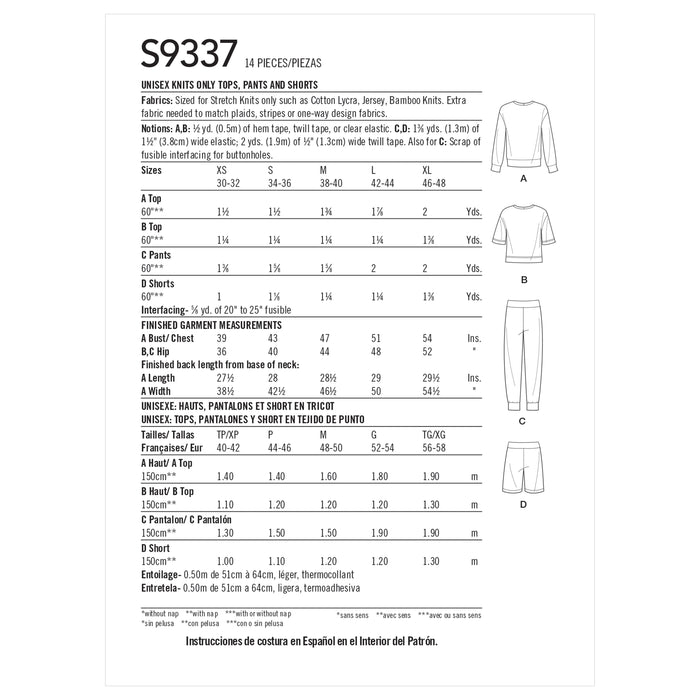 S9337 Unisex Knits Only Tops, Pants and Shorts. Size: XS-XL (30-48)