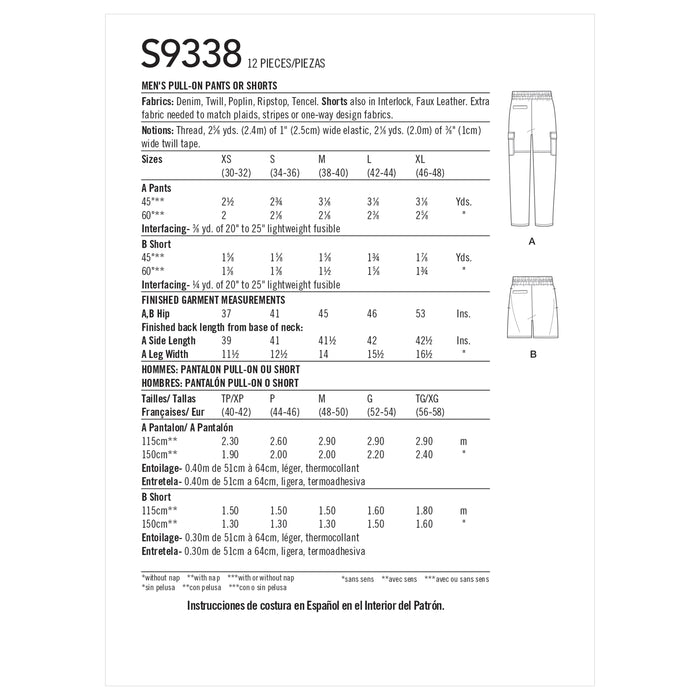 S9338 Men's Pull-On Pants or Shorts. Size: XS-XL (30-48)