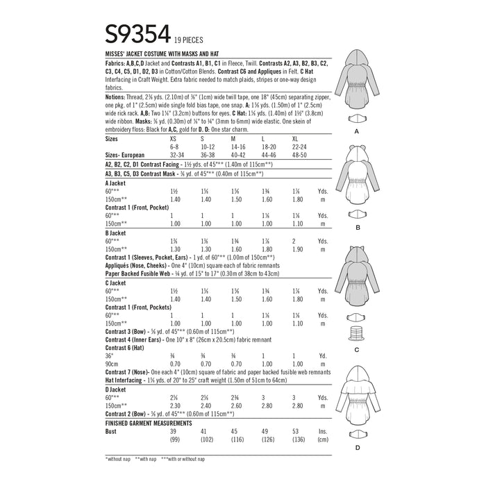 S9354 Misses' Jacket Costume with Masks and Hat. Size: XS-XL (32-50)
