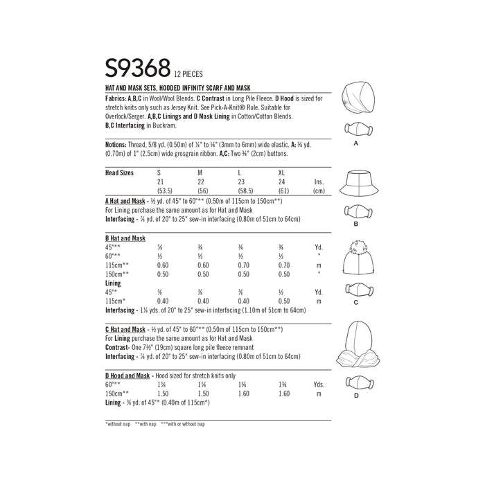 S9368 Hat and Mask Sets, Hooded Infinity Scarf and Mask. Size: S-XL