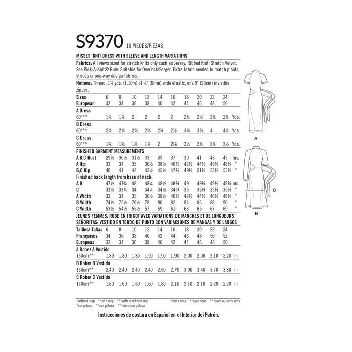S9370 Misses' Knit Dress with Sleeve and Length Variations. Size: 32-50
