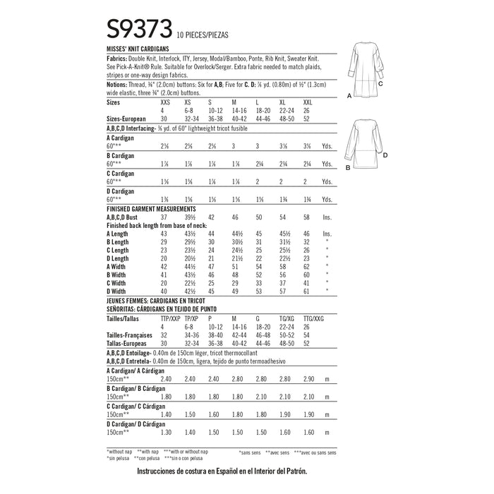 S9373 Misses' Knit Cardigans. Size: XXS-XXL (30-52)
