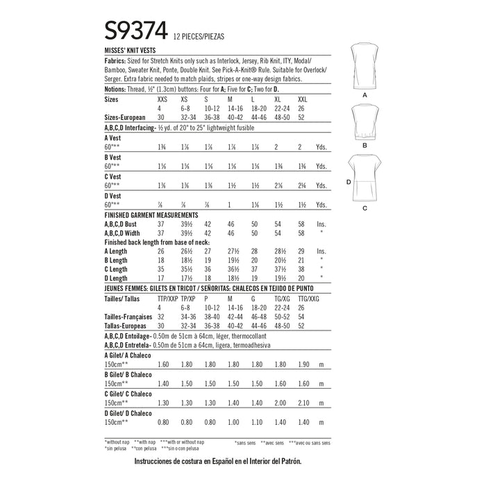 S9374 Misses' Knit Vests. Size: XXS-XXL (30-52)