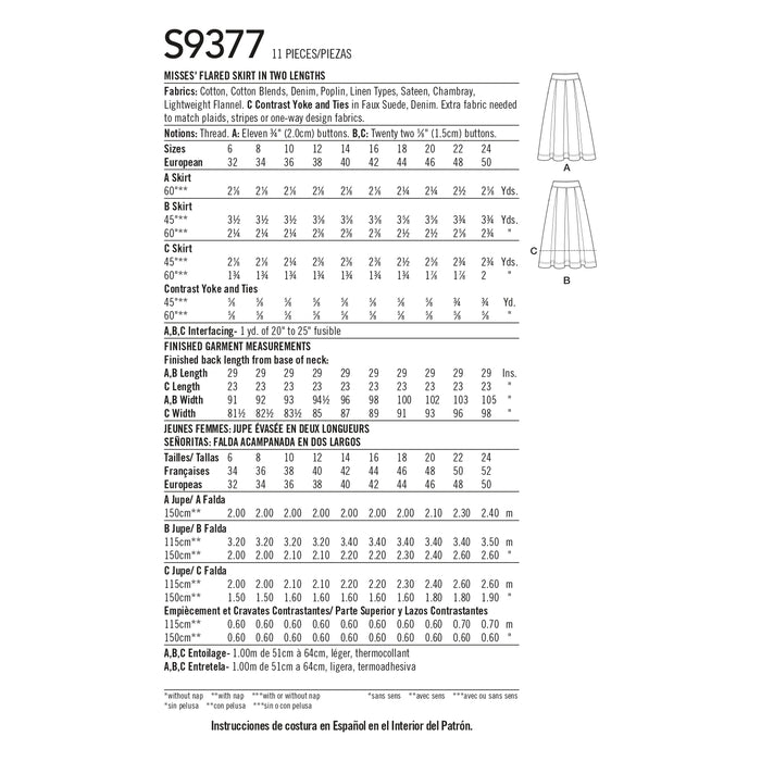 S9377 Misses' Flared Skirts in Two Lengths. Size: 32-50