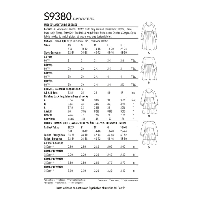 S9380 Misses' Sweatshirt Dresses. Size: XS-XL (32-50)