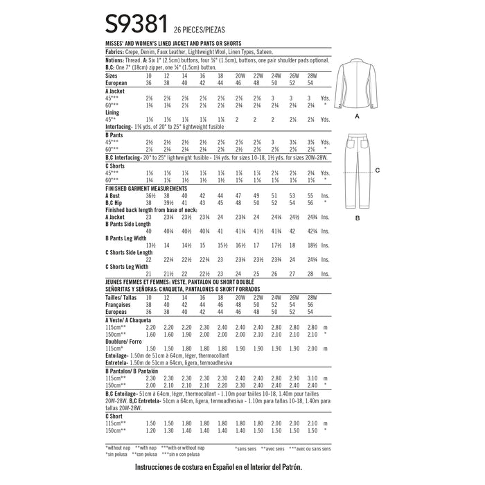 S9381 Misses' and Women's Lined Jacket, Pants and Shorts. Size: 36-54