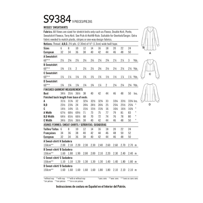 S9384 Misses' Sweatshirts. Size: 32-50