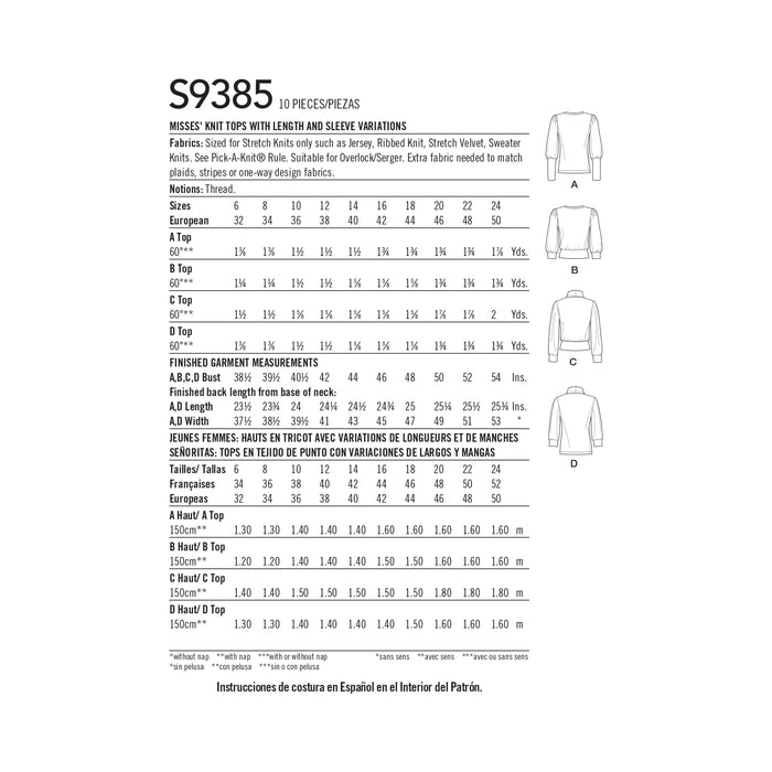 S9385 Misses' Knit Tops with Length and Sleeve Variations. Size: 32-50