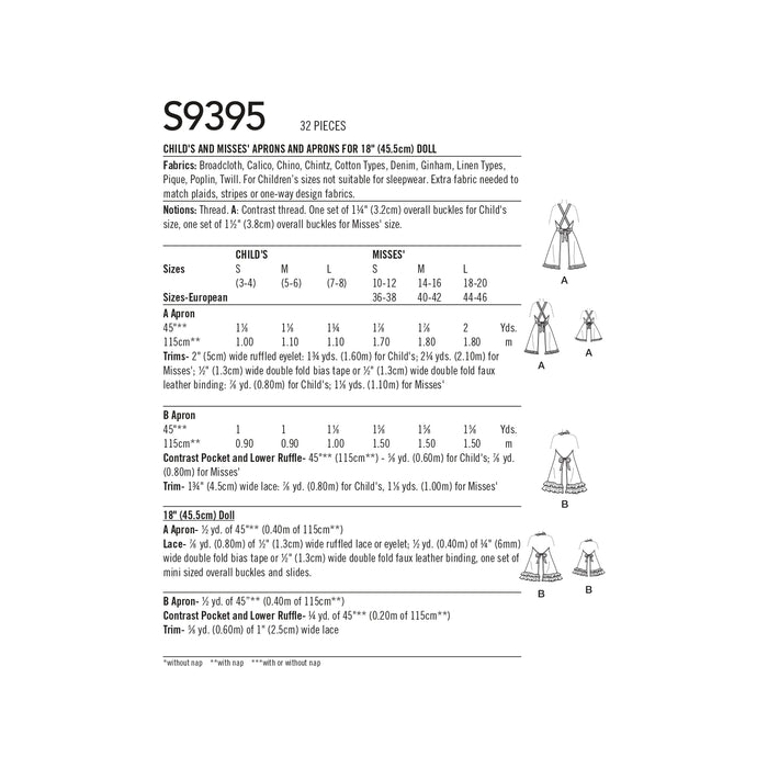 S9395 Aprons for Misses, Children and 18" Doll