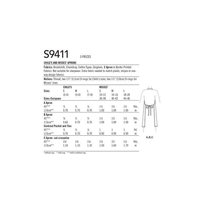 S9411 Children's and Misses' Aprons. Size: S-L/S-L