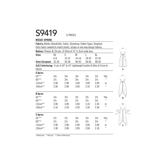S9419 Misses' Aprons - Size: XS-XL
