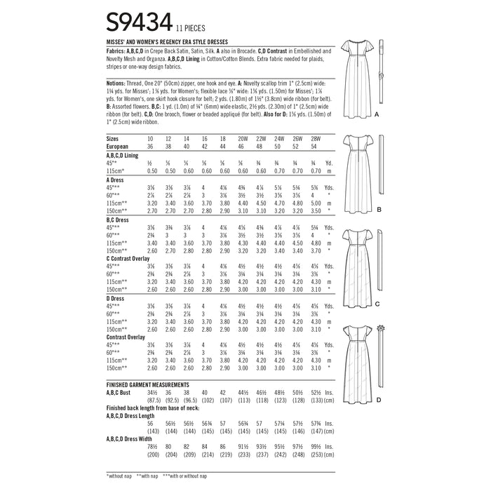 S9434 Misses' and Women's Regency Era Style Dresses. Size: 36-54