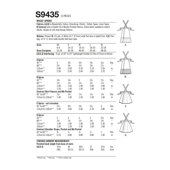 S9435 Misses' Aprons. Size: XS-XL