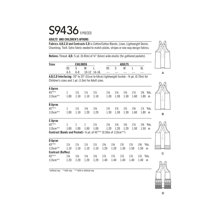 S9436 Adults' and Children's Aprons. Size: XS-L/XS-XL