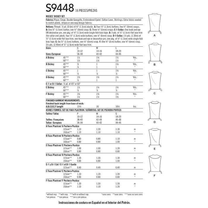 S9448 Misses' Dickey Set. Size: S-L (36-46)