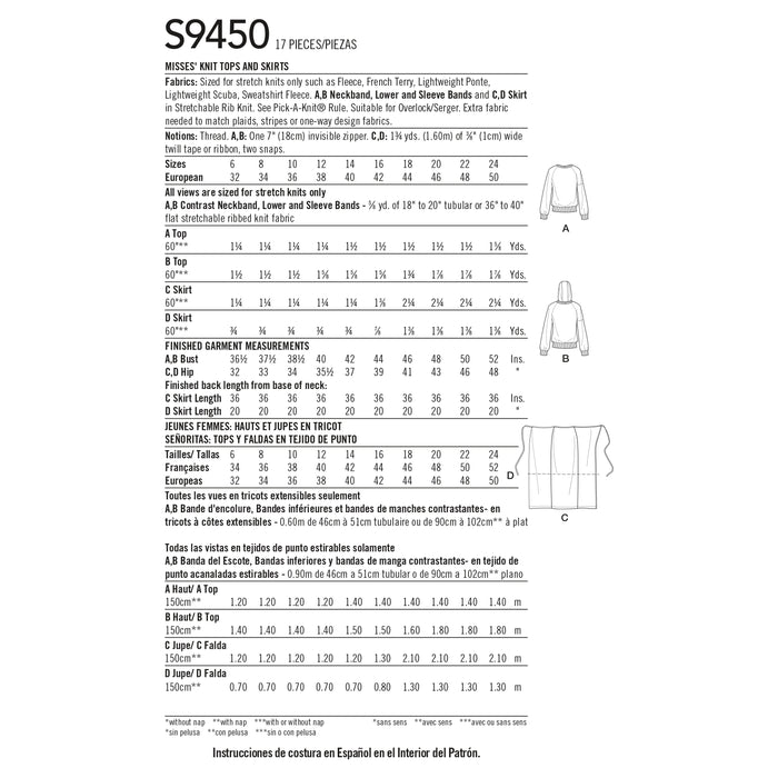 S9450 Misses' Knit Tops and Skirts. Size: 32-50