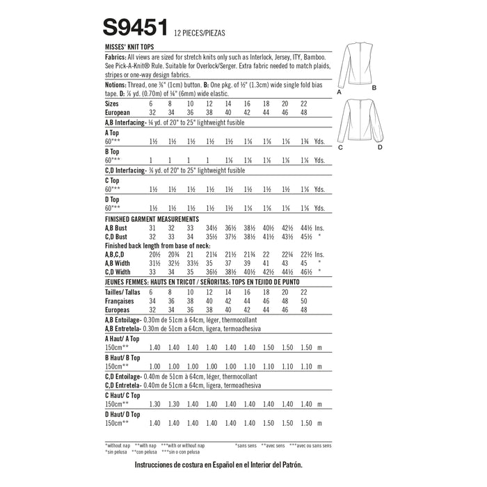 S9451 Misses' Knit Tops. Size: 32-48