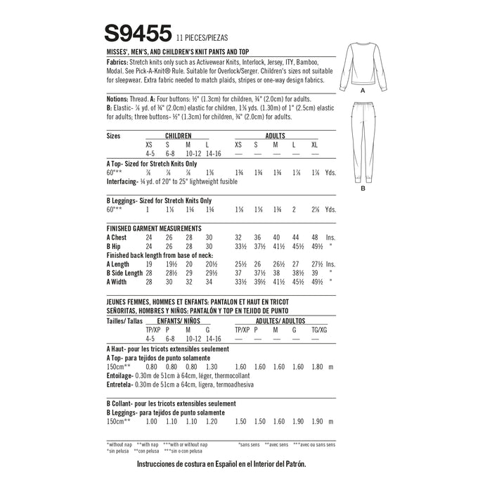 S9455 Misses', Men's and Children's Knit Pants and Top. Size: XS-L/XS-XL