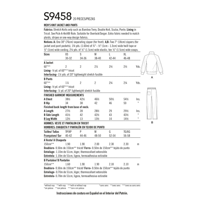 S9458 Men's Knit Jacket and Pants. Size: XS-XL (30-48)