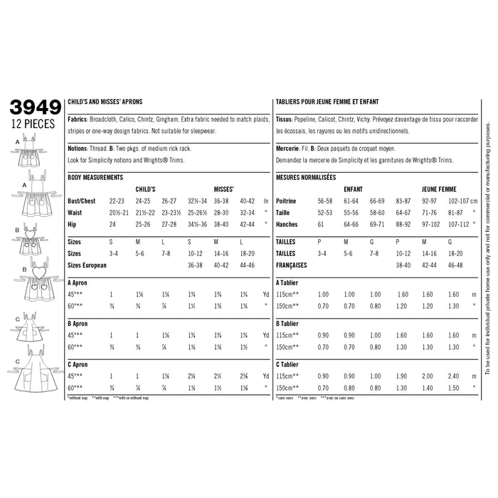 3949 Child's & Misses' Aprons. Size: Kid´s S-L (3-8 y) / Adults S-L / (36-46)