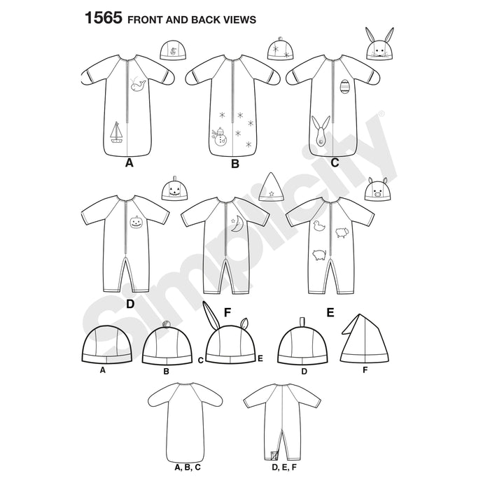 1565 Babies' Bunting, Romper and Hats. Size: XXS-S (0-6 m)
