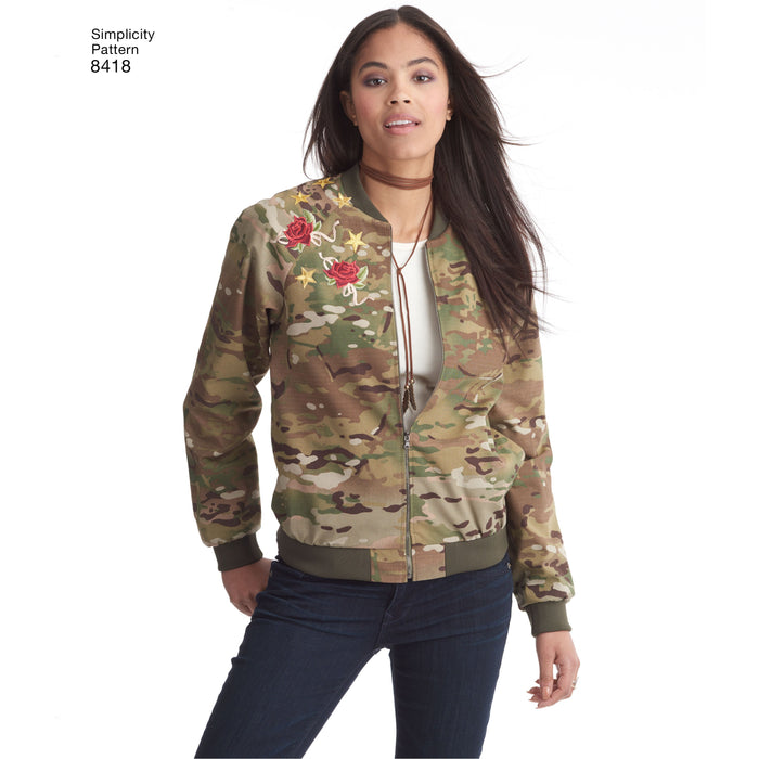 8418 Misses' Lined Bomber Jacket with Fabric and Trim Variations. Size: 30-48