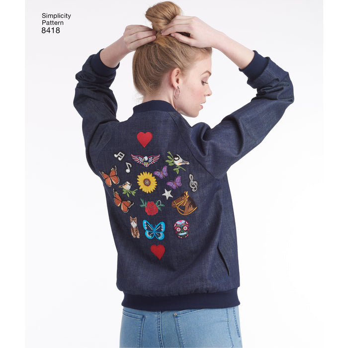 8418 Misses' Lined Bomber Jacket with Fabric and Trim Variations. Size: 30-48