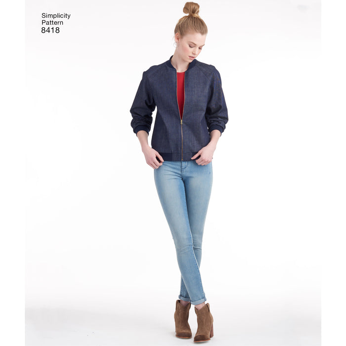 8418 Misses' Lined Bomber Jacket with Fabric and Trim Variations. Size: 30-48