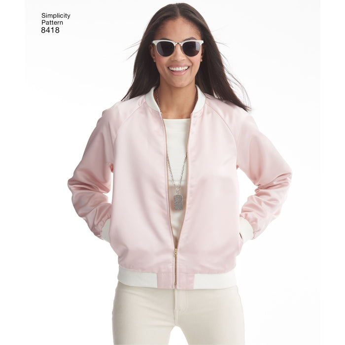 8418 Misses' Lined Bomber Jacket with Fabric and Trim Variations. Size: 30-48