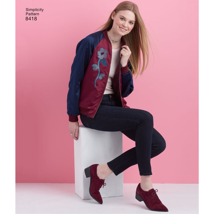 8418 Misses' Lined Bomber Jacket with Fabric and Trim Variations. Size: 30-48