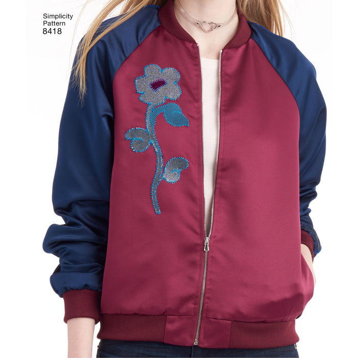 8418 Misses' Lined Bomber Jacket with Fabric and Trim Variations. Size: 30-48