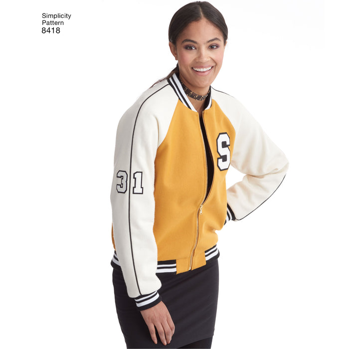 8418 Misses' Lined Bomber Jacket with Fabric and Trim Variations. Size: 30-48