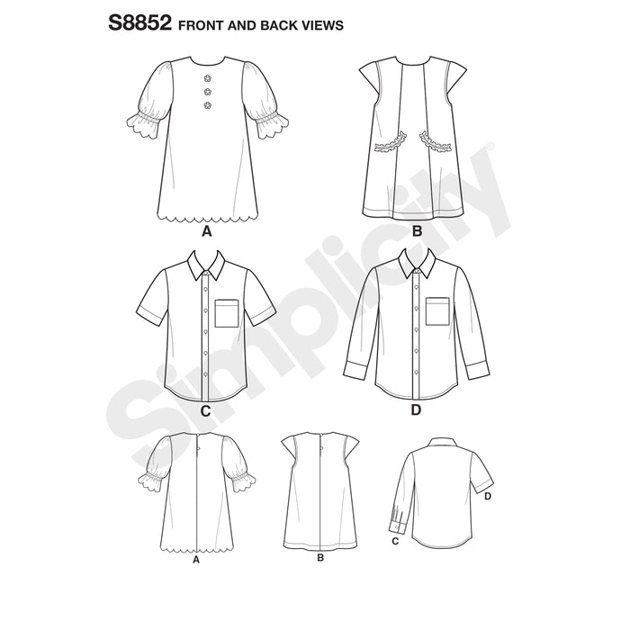 S8852 Children's Dresses and Shirt. Size: 3-8 y
