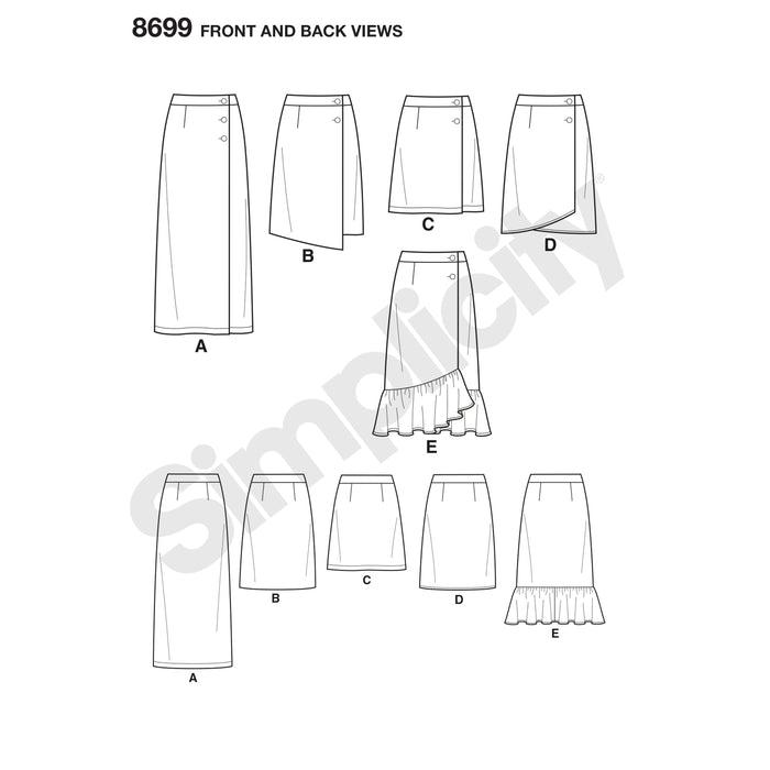 8699 Misses' Wrap Skirts with Length Variations. Size: 32-48