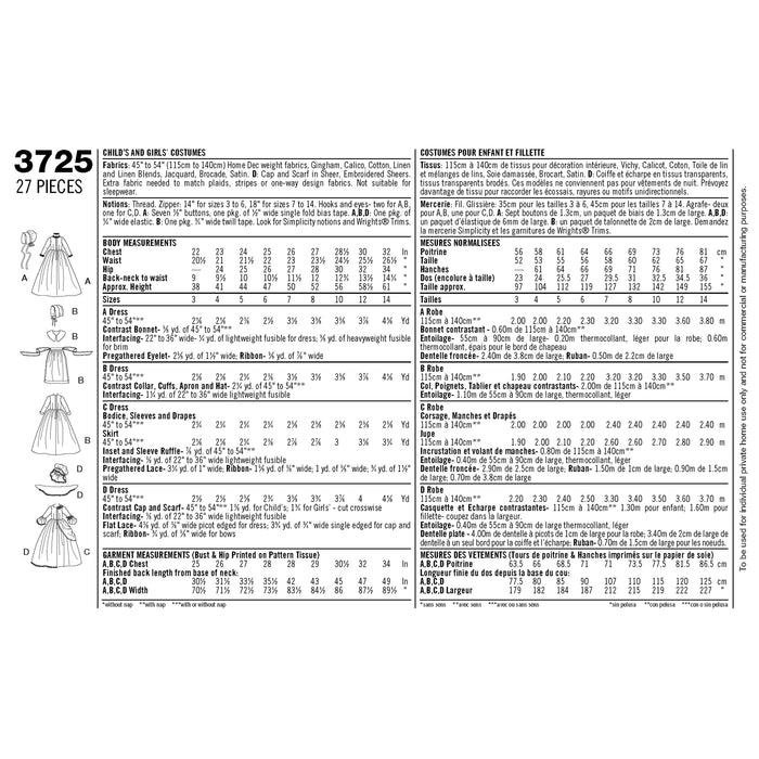3725 Child's & Girls' Costumes. Size: 3-14 y