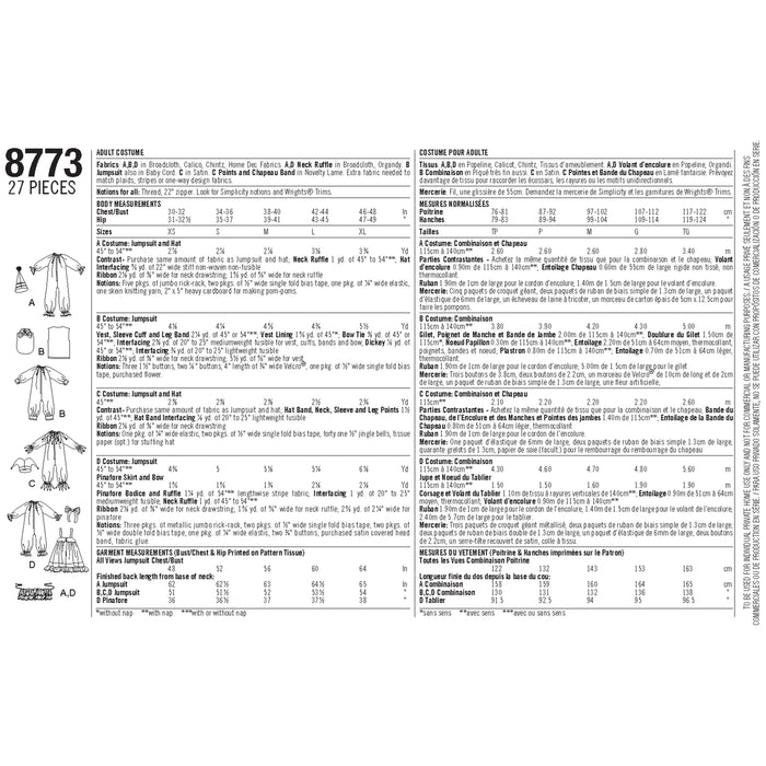 8773 Misses', Men's and Teens' Costumes. Size: XS-XL