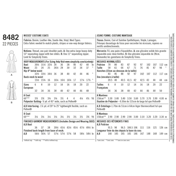 8482 Misses' Costume Coats. Size: 32-48